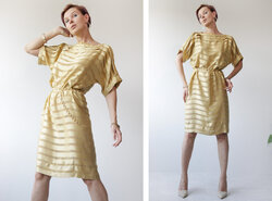 M COSTAS French vintage beige silk semi sheer striped half sleeve midi dress1.jpg