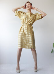 M COSTAS French vintage beige silk semi sheer striped half sleeve midi dress2.jpg