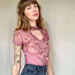 Vintage 90s mauve mesh top with cut out neck and antique rose print1.jpg