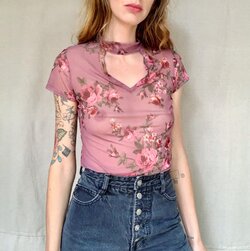 Vintage 90s mauve mesh top with cut out neck and antique rose print2.jpg