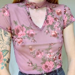 Vintage 90s mauve mesh top with cut out neck and antique rose print3.jpg